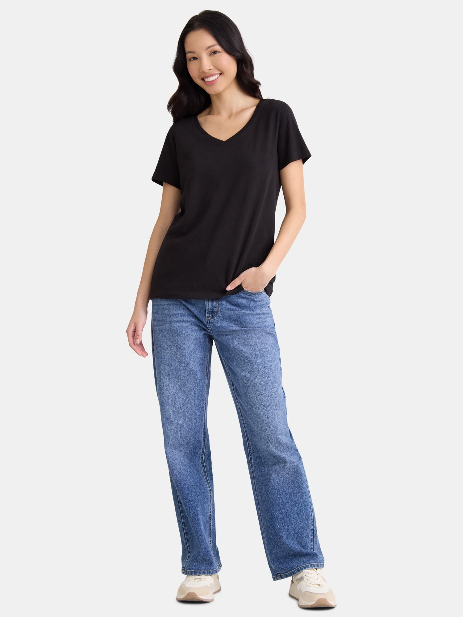 Time and Tru Women's Cotton V-Neck Tee with Short Sleeves, Sizes XS-4X