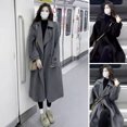 thumbnail image 2 of Women Winter Overcoat Turn-down Collar Pockets Mid Length Pure Color Double-breasted Cardigan Loose Fit Coat Thermal Long Sleeves Commuting Dating Winter Coat, 2 of 7