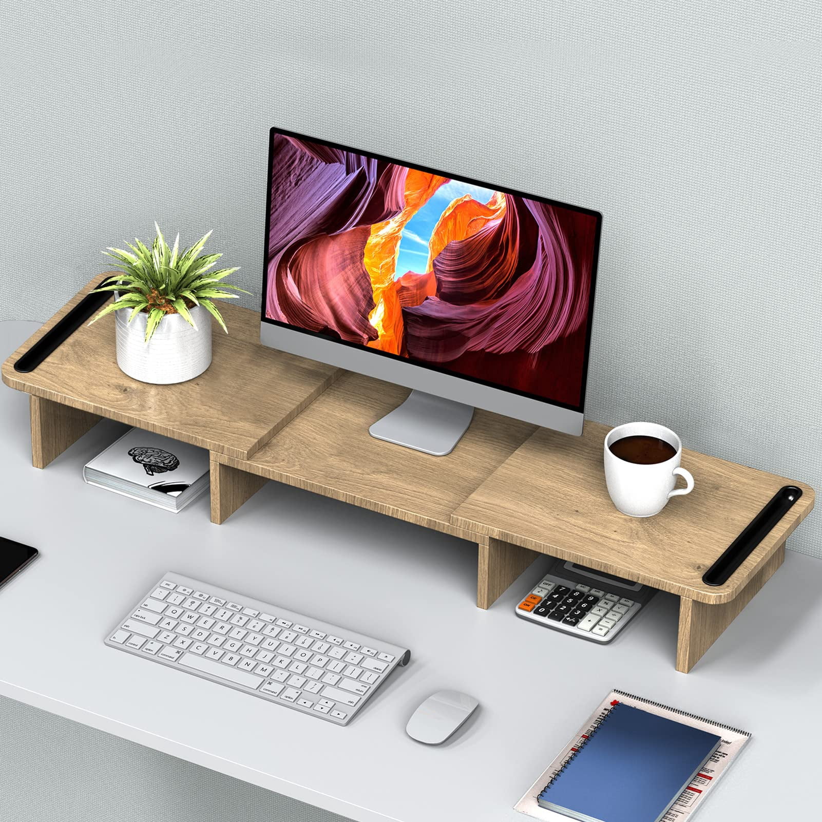 Dual Monitor Stand Riser  With Adjustable Length And Angle Wood For Desk 2 Monitors Storage Space