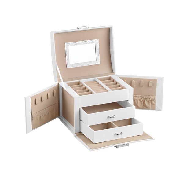 oyero de 3 niveles, estuche de viaje con asa, 2 cajones, organizador de joyas con cerradura con espejo, almacenamiento de joyas