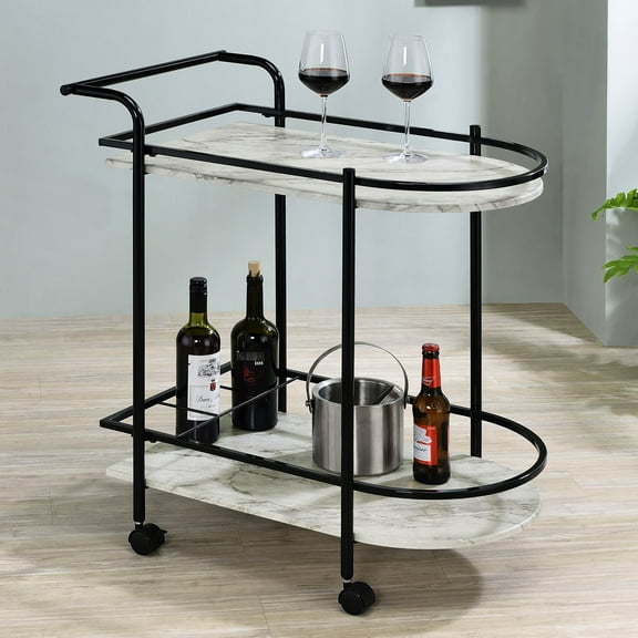 Sleek Metal Frame Serving Cart With Faux White Marble Tops And Wine Storage Contemporary Finish Rolling Wheels For Entertaining