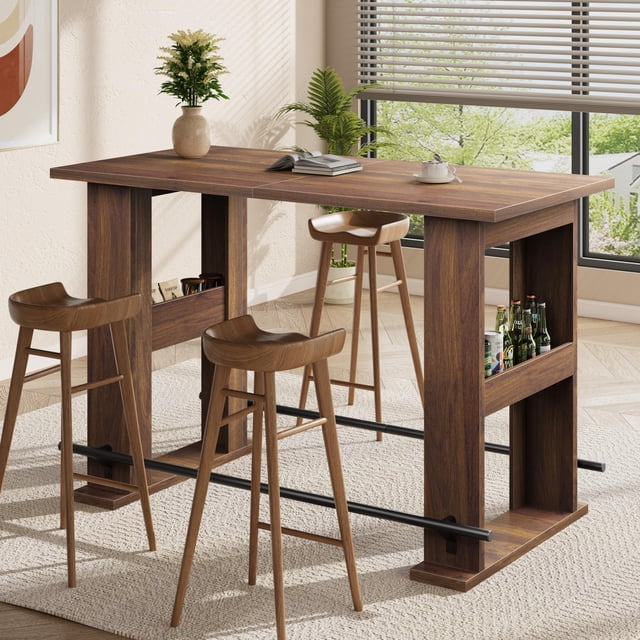 63-Inch Bar Table – Wooden Coffee Bar Unit with Storage – Farmhouse Counter Height Pub Table with Metal Footrest – Kitchen, Dining Room, Living Room, Bistro – Walnut Finish