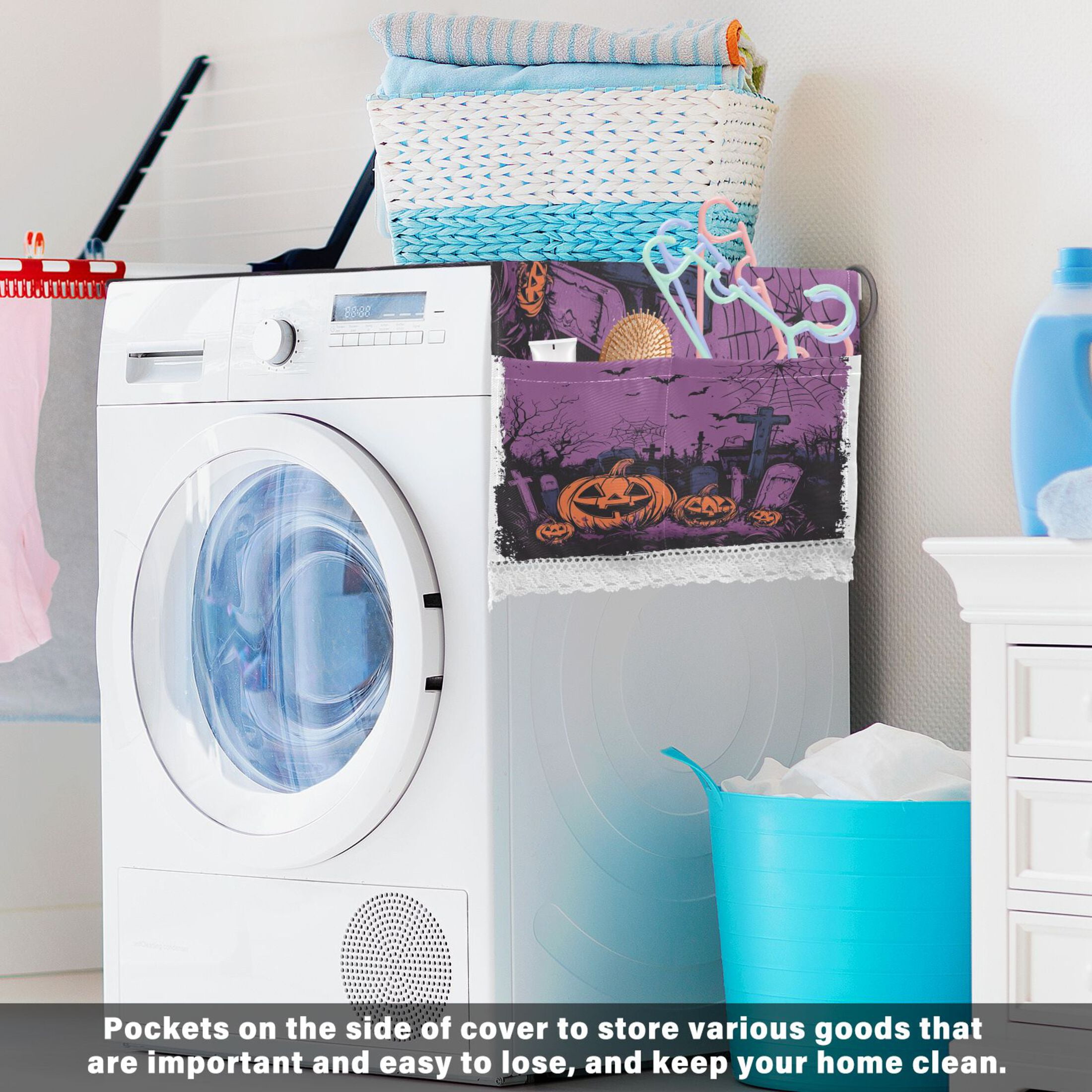 Halloween Night Background with Spooky PumpkinsWasher and Dryer Covers Dust-Proof and Oil Resistant Fridge Cover with 4 Storage Pockets Washing Machine Top Cover for Laundry Kitchen Home 51.2 x 22 In