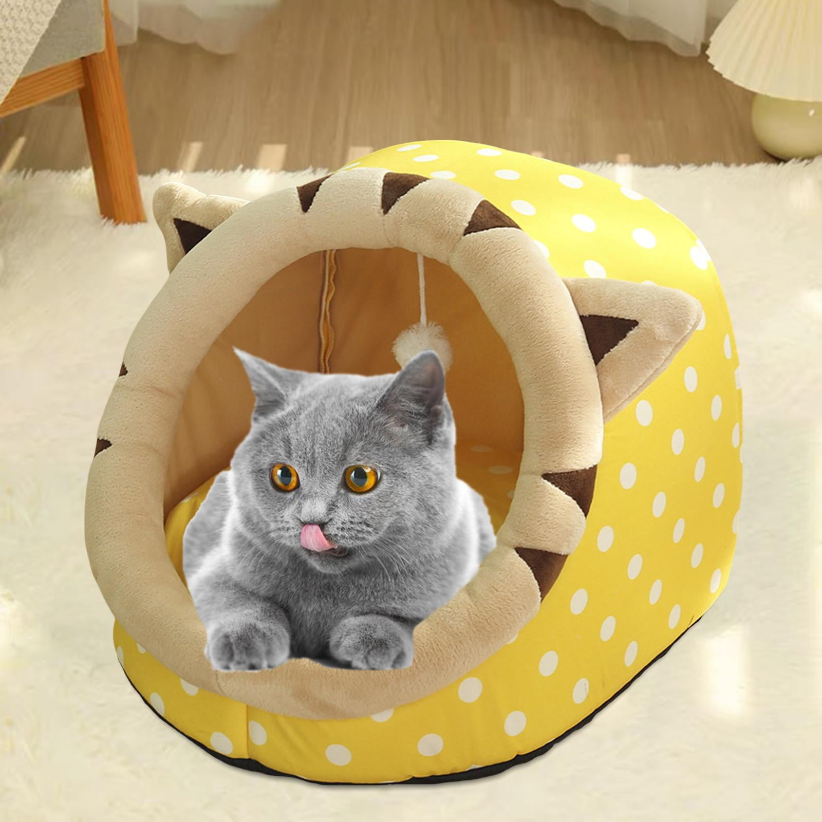 Cute Cave Bed with Ball Slip Bottom Furniture Warm Dog Basket Soft Hideout Portable Pet House Nest for Puppy Indoor Cats Rabbit Kitten , 35x35x31cm Yellow