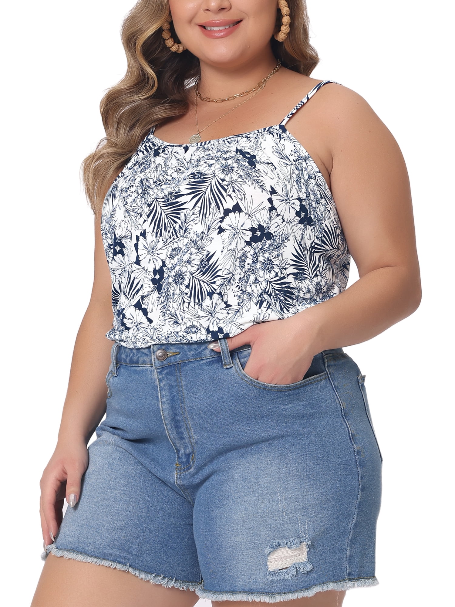 DARING DIVA Women's Plus Boho Floral Loose Spaghetti Strap Cami Top 2X Navy Blue