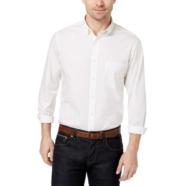 Club Room Chemise Habillée Extensible à Manches Longues à Pois (Blanc Éclatant, TG)