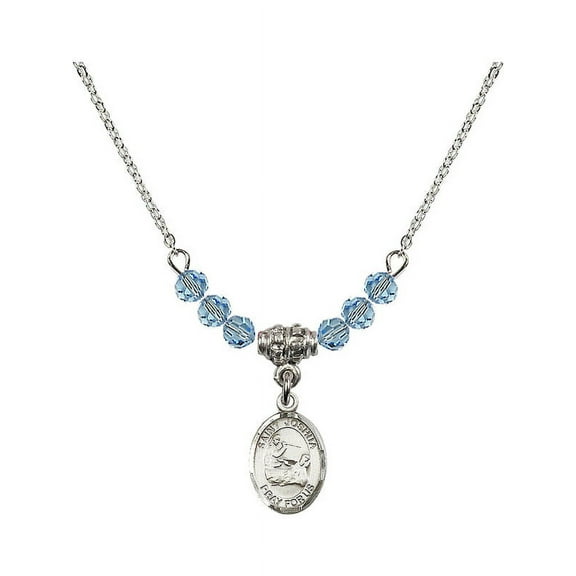 18-Inch Rhodium Plated Necklace with 4mm Blue March Birth Month Stone Beads and Saint Joshua Charm