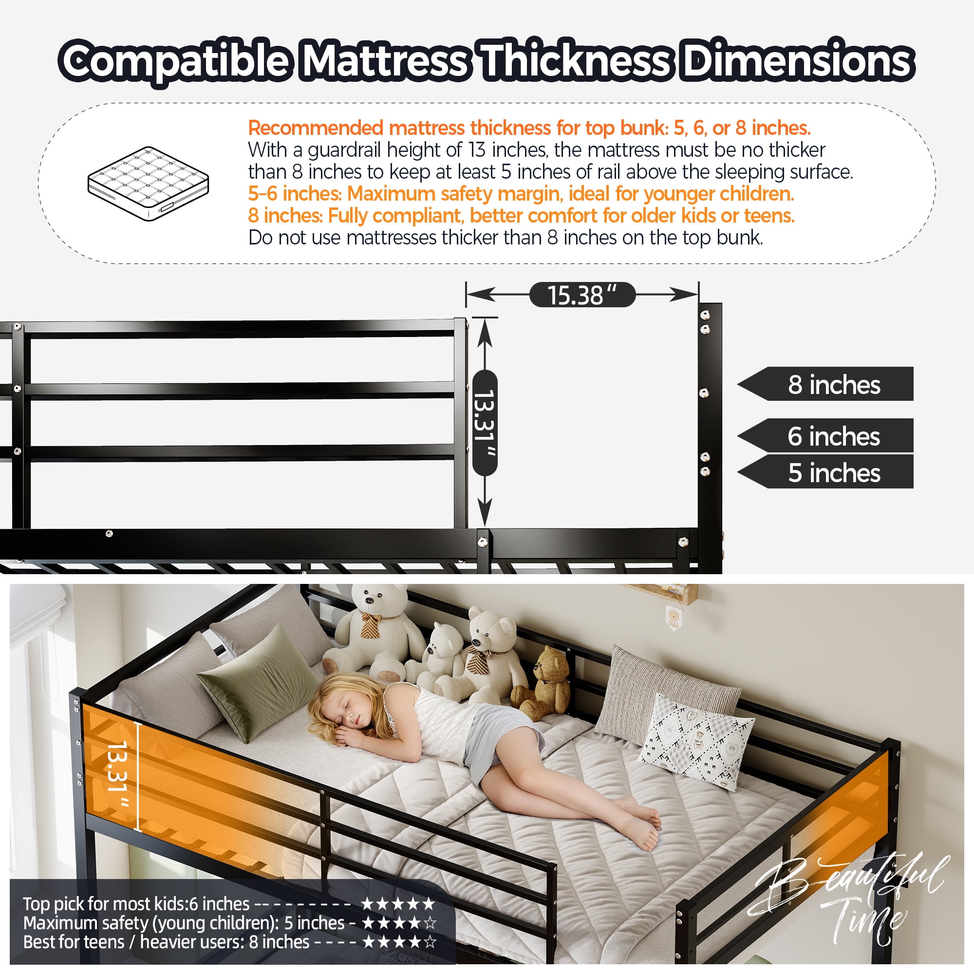 Twin Over Twin Metal Bunk Bed with High Guardrail & Ladder, Noise Free with Storage Space