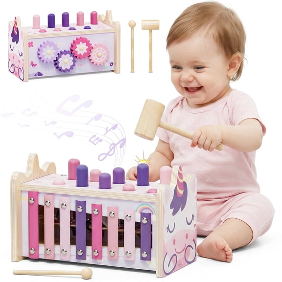 Wooden Montessori Toys for 1 Year Old, Hammering Pounding Toy with Xylophone, Educational Learning Toys, Baby Activity Toys for 1 2 3 Year Old, Preschool Toys, Birthday Gifts (Unicorn)