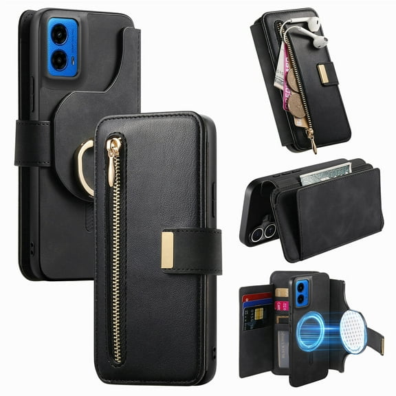 Dteck for Motorola Moto G Power 5G 2024 Case, RFID Blocking 2 In 1 Wallet with Detachable Magnetic Phone Cover, Compatible with MagSafe, Fashion PU Leather Flip Zipper Card Holder with Ring,Black