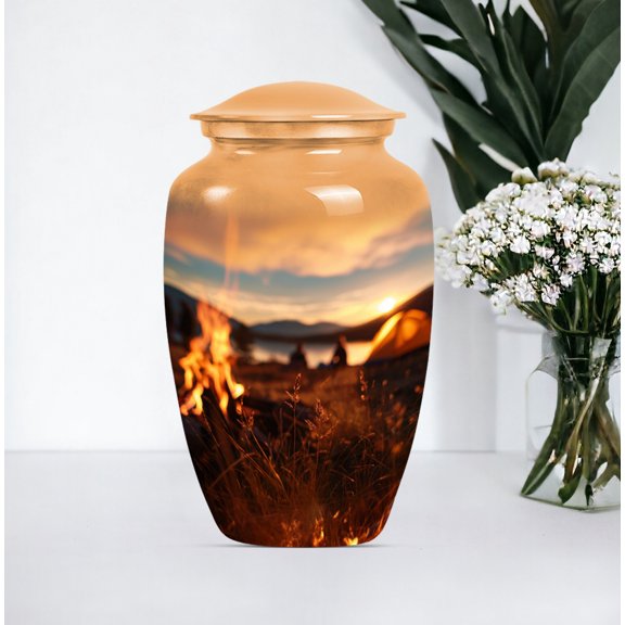 Personalized Camping Cremation Urn with Artistic Sunset and Fire Design, Memorial Urn, Custom and Decorative Urn, Tribute Urn, Keepsake Urn