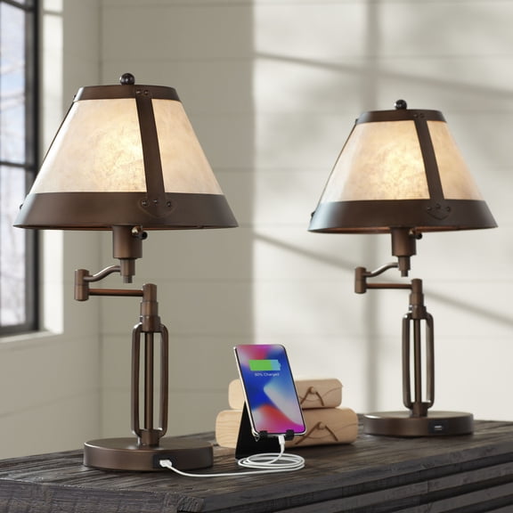 Franklin Iron Works Samuel Industrial Desk Lamps 21 1/4" High Set of 2 Bronze Swing Arm with USB Charging Port Natural Mica Shade for Living Room Home