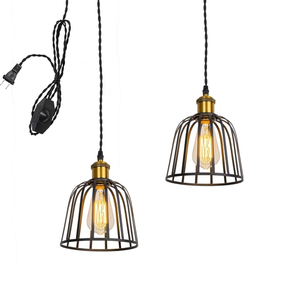 KAYYELAMP 2-Pack 15 Feet Dimmable Switch Plug in Corded Black Hollow Cage Copper Base Vintage Design Metal Hanging Lamp for Kitchen Bar Bedsides(No Bulb)