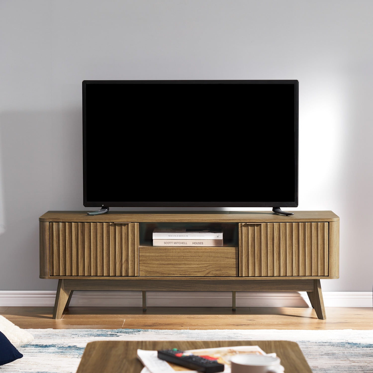 Mopio Brooklyn Mid-Century Modern 57" TV Stand for TVs up to 59”, Fluted Panel, Sturdy Legs (Walnut)