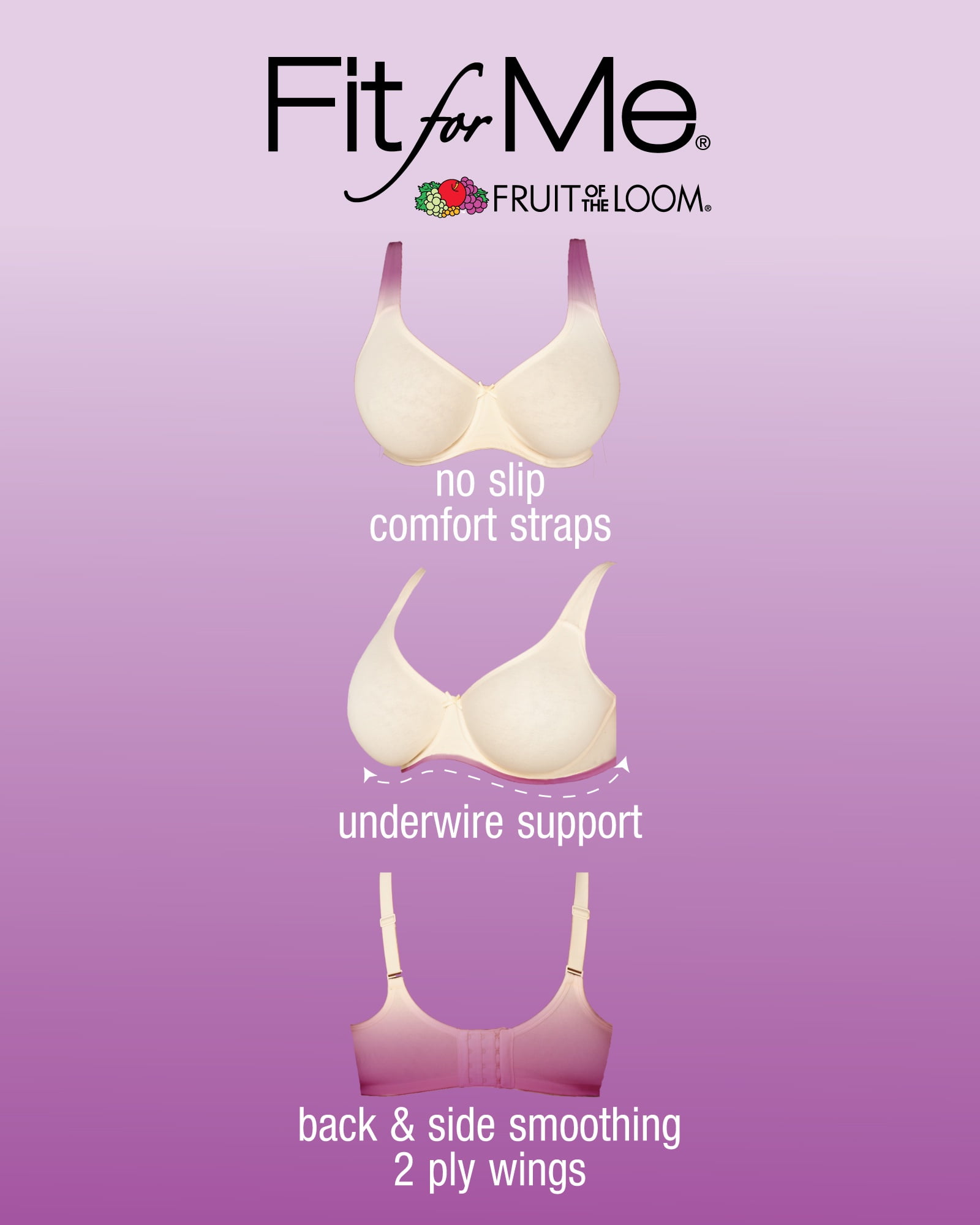 Fruit of the Loom Women's Fit for Me Collection: 2-Pack Plus-Size Unlined Underwire Bra-Cotton Comfort & Pinch-Free Straps