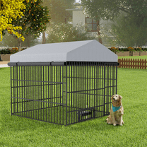 MIDOQIN Outdoor Dog Kennel with Roof Cover, Lockable Feeding Door, 2 Stainless Steel Bowls, Heavy-Duty Pet Enclosure Fence with Canopy, 6.6'L x 6.6'W x 6.4'H