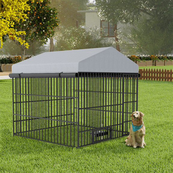 MIDOQIN Outdoor Dog Kennel with Roof Cover, Lockable Feeding Door, 2 Stainless Steel Bowls, Heavy-Duty Pet Enclosure Fence with Canopy, 6.6'L x 6.6'W x 6.4'H