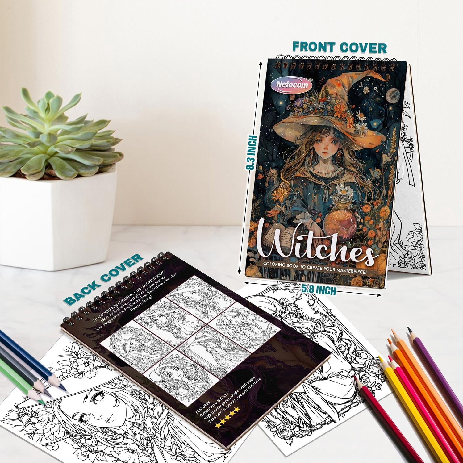 Netecom Witches Coloring Book Spiral Bound for Adults, A5 Wooden Cover, 30 Stunning Coloring Pages of Magical World to Explore Mysteries of Witchcraft for Stress Relief and Relaxation