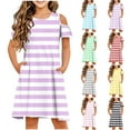 thumbnail image 5 of Dvprdro Girls' Summer Dress Fashion Striped Short Sleeve Cold Shoulder Swing Stretchy Flowy Casual A Line Dress with Pockets, 5 of 5