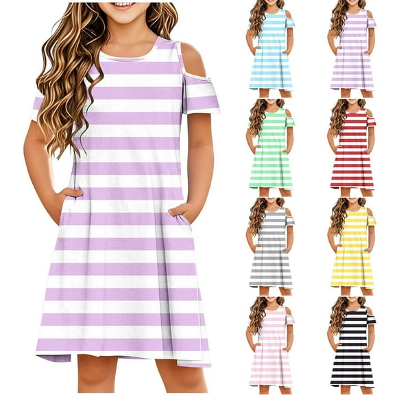 Ashirexll Summer Dresses for Teens, Girls Dresses Size 10-12, Girls' Short Sleeve Round Neck Dress Striped A-Line Dresses with Pockets