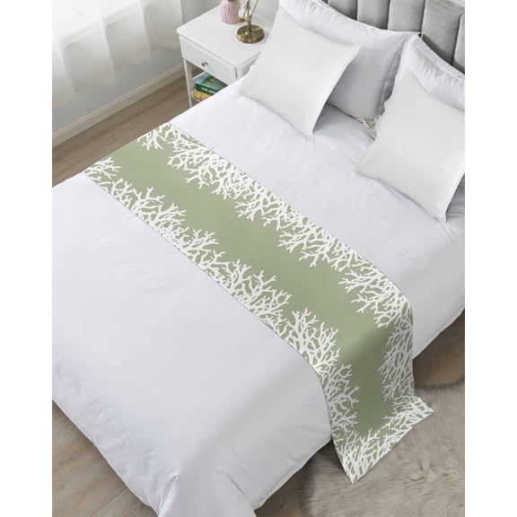 Bed Runner for Twin Size, Coastal Coral Decorative Scarf Throws for Foot of Bed, Sage Green Ocean Marine Nautical Beach Luxury Bedding Protector Slipcover Bedrunners for Hotel/Home, 71 x 20 Inch