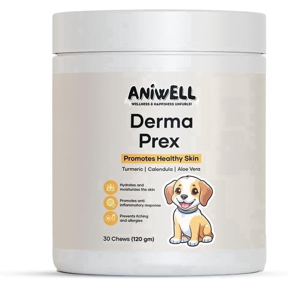 Aniwell DermaPrex: A New Age Natural Formula for Itching & Allergy, Vitamin E & Borage Oil Supplement – Packed with Beneficial Fatty Acids for Healthy Skin – Seasonal Allergies Chews | Pack of 2