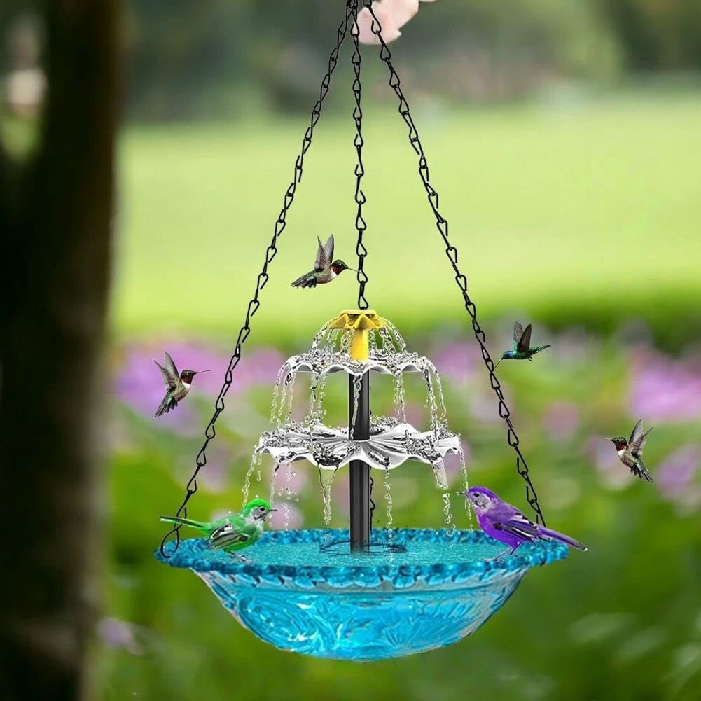 Esterze Hanging Solar Bird Bath Fountain, Solar Powered Cascading Water Fountain, Hanging Bird Bath with Solars Pump & Glass Bowl, Decorative Garden Bird BathFountain