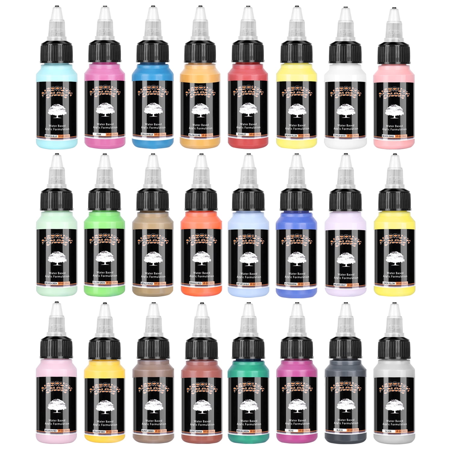 SAGUDIO Acrylic Airbrush Paint 24 Colors (30 ml/1fl oz) with Color Wheel Ready to Painting Set, Water Based Waterproof Quick Drying for Model, Shoes, Leather, Wall