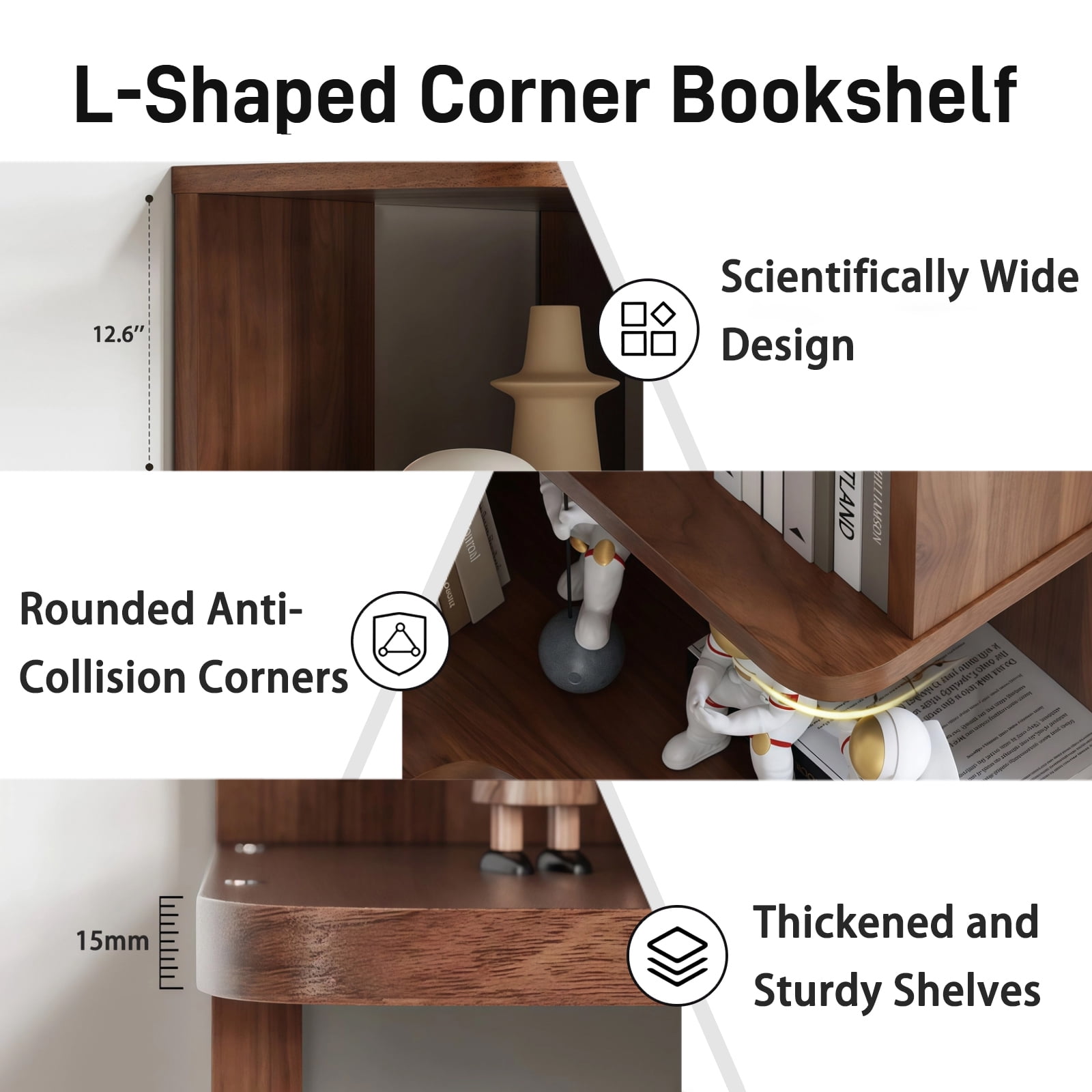 Bookshelf, 6 Tier Corner Shelf with Baffle and Anti-Tip Device, MDF Board for Living Room Bedroom Home Office Display, Walnut Finish