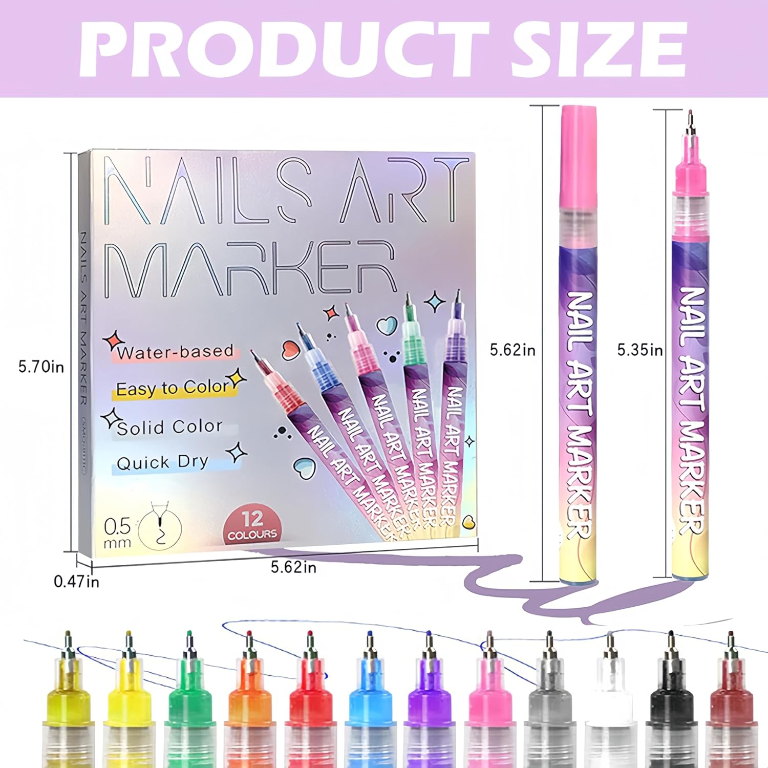 12 Colors Nail Art Pens Set, 3D Nail Polish Markers with Quick-Dry Dotting & Liner for DIY Drawing Painting