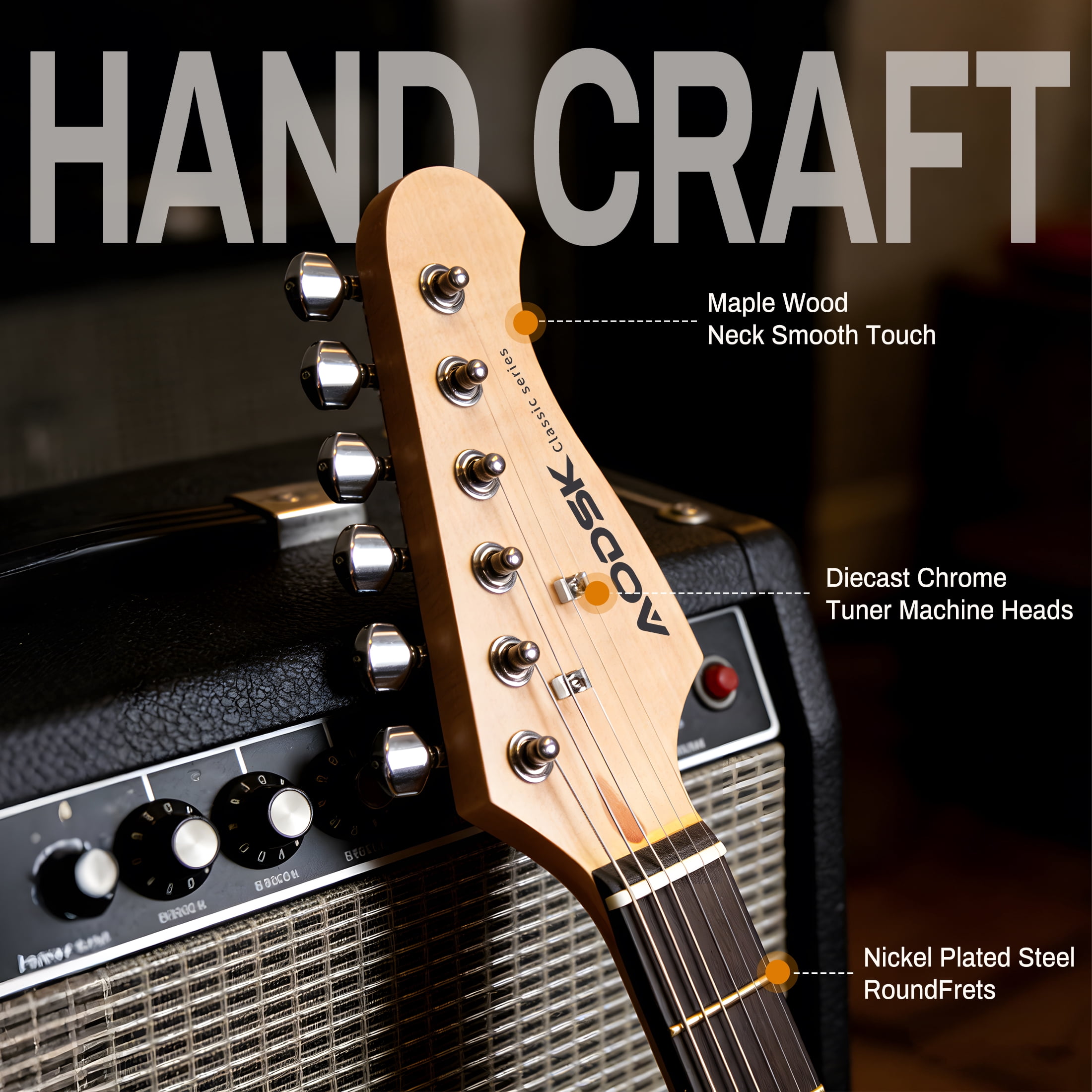 AODSK 39" Beginner Electric Guitar Full Size Kit with Amp, SSS Pickup, Solid Wood Body, Digital Tuner, Six Strings, Four Picks, Tremolo Bar, Strap, Gig Bag