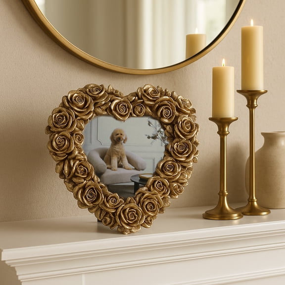 Rosette Heart Photo Frame fro Home Decor - Tabletop Picture Frames for Entryway, Console, and Accent Table Styling - Decorative Accent for Living Room, Bedroom, and Office - 6", Gold
