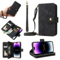 Compatible with iPhone 16 Pro Max Wallet Case, [6 Card Slots] Removable Adjustable Crossbody Necklace Lanyard Shoulder Strap Zipper PU Leather Case for iPhone 16 Pro Max, Black