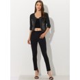 thumbnail image 4 of Allegra K Chaqueta de mezclilla sin cuello para mujer Chaquetas de mezclilla de manga 3/4 Negro M, 4 of 6