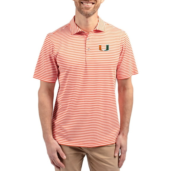 Men's Cutter & Buck  Orange Miami Hurricanes Virtue Eco Pique Stripe Recycled DryTec Polo