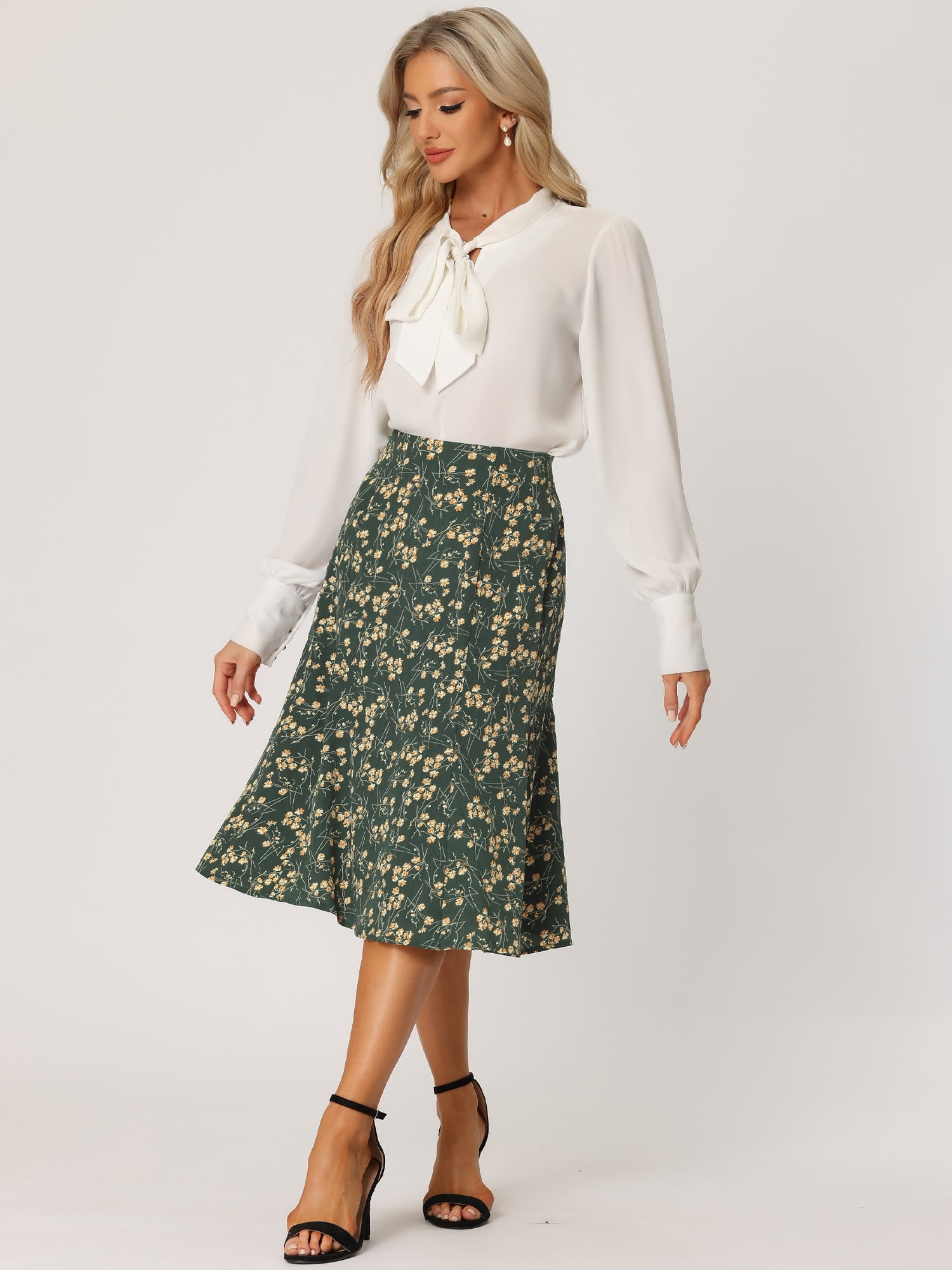 DARING DIVA Women's Elastic Waist A-Line Floral Print Midi Skirt S Dark Green
