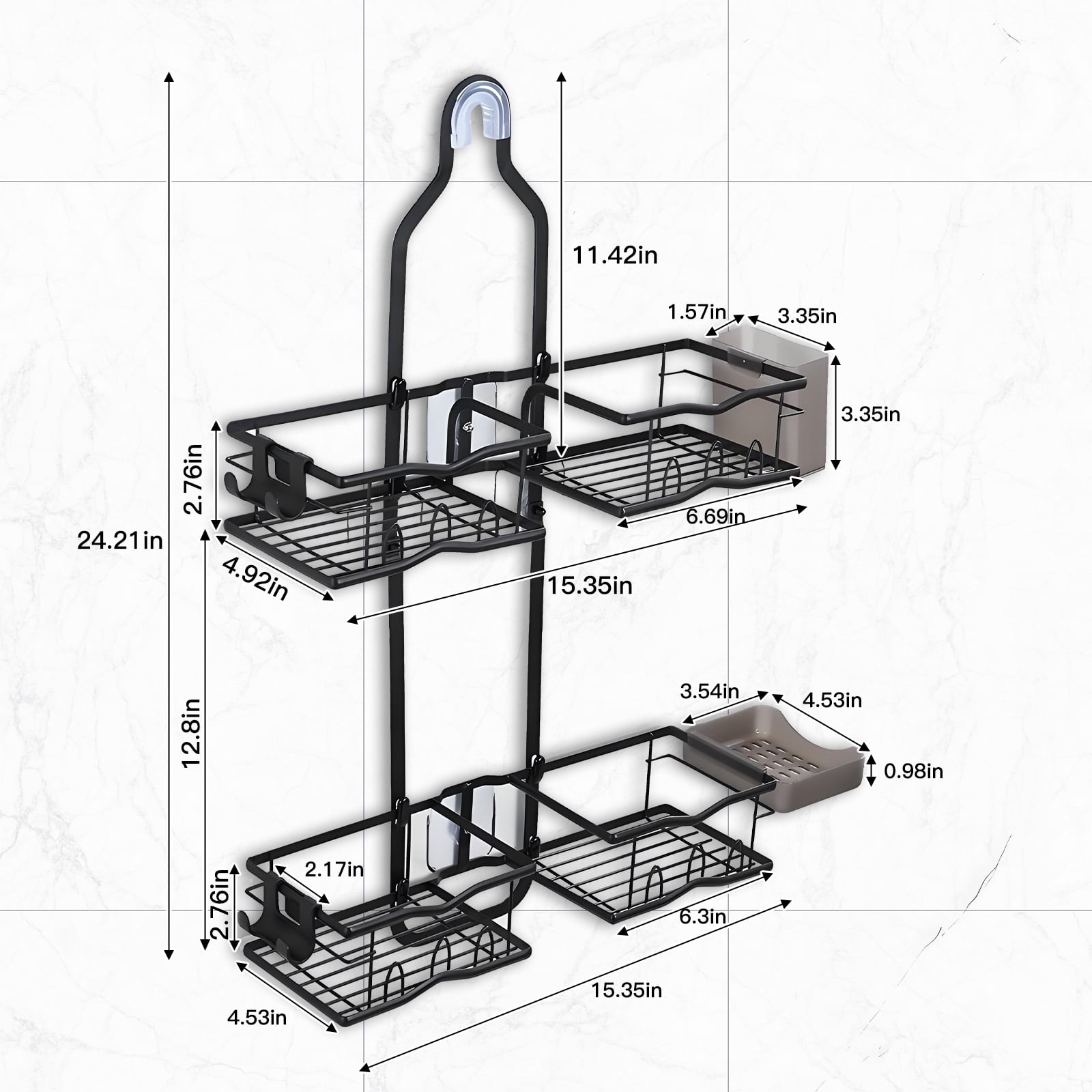 VEGCOO Over The Shower Head Caddy - 2 Tier Hanging Rustproof Metal Shower Organizer with Integrated Toothbrush Holder & Soap Dish, No Drill Adjustable Bathroom Shelf, for Shampoo, Loofah, Razors