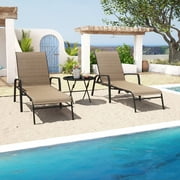 Devoko 3 Pcs Outdoor Chaise Lounge Steel Chair Sets Adjustable Backrest with Tempered Glass, Beige