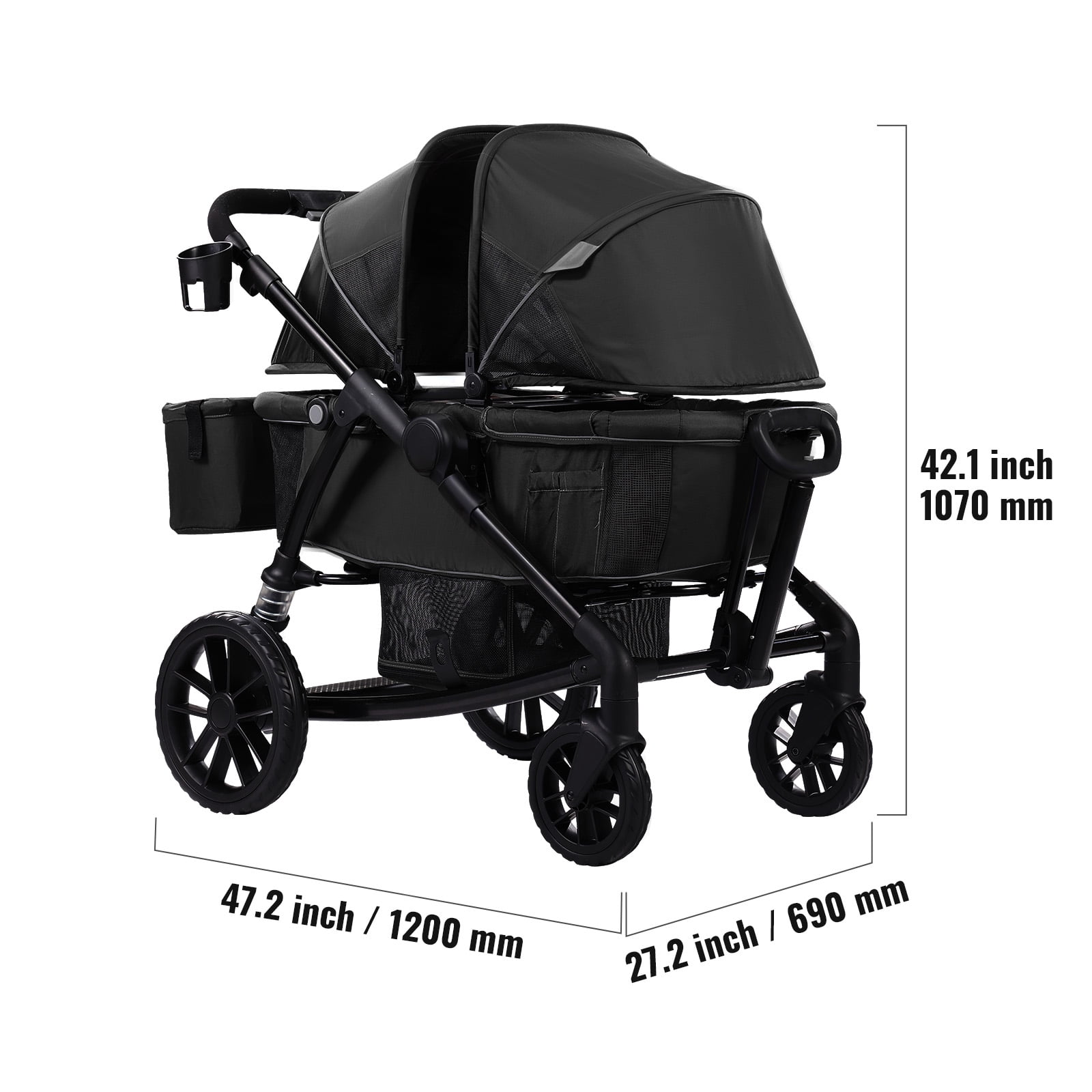KFFKFF Multi-Terrain Wagon Stroller, Dual-Seating, Easily Foldable for Travel, Comes with Shade Cover, Storage for Parents, Food Tray & Beverage Holders, Supports up to 55lbs per Seat