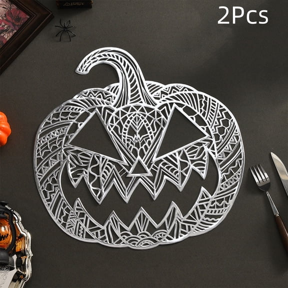 2 Pack Halloween Pumpkin Placemat, Hollow-Out Table Mats Heat-Resistant and Non-Slip Woven Vinyl Placemats for Dinner Party Kitchen Table Decorations