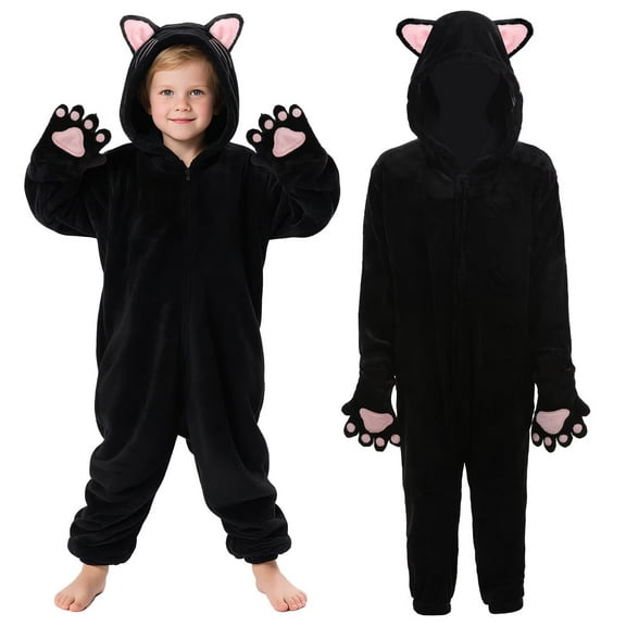 Kids Animal Onesie Pajamas Black Cat/Leopard with Hood and Paw for Halloween Christmas Party Homewear