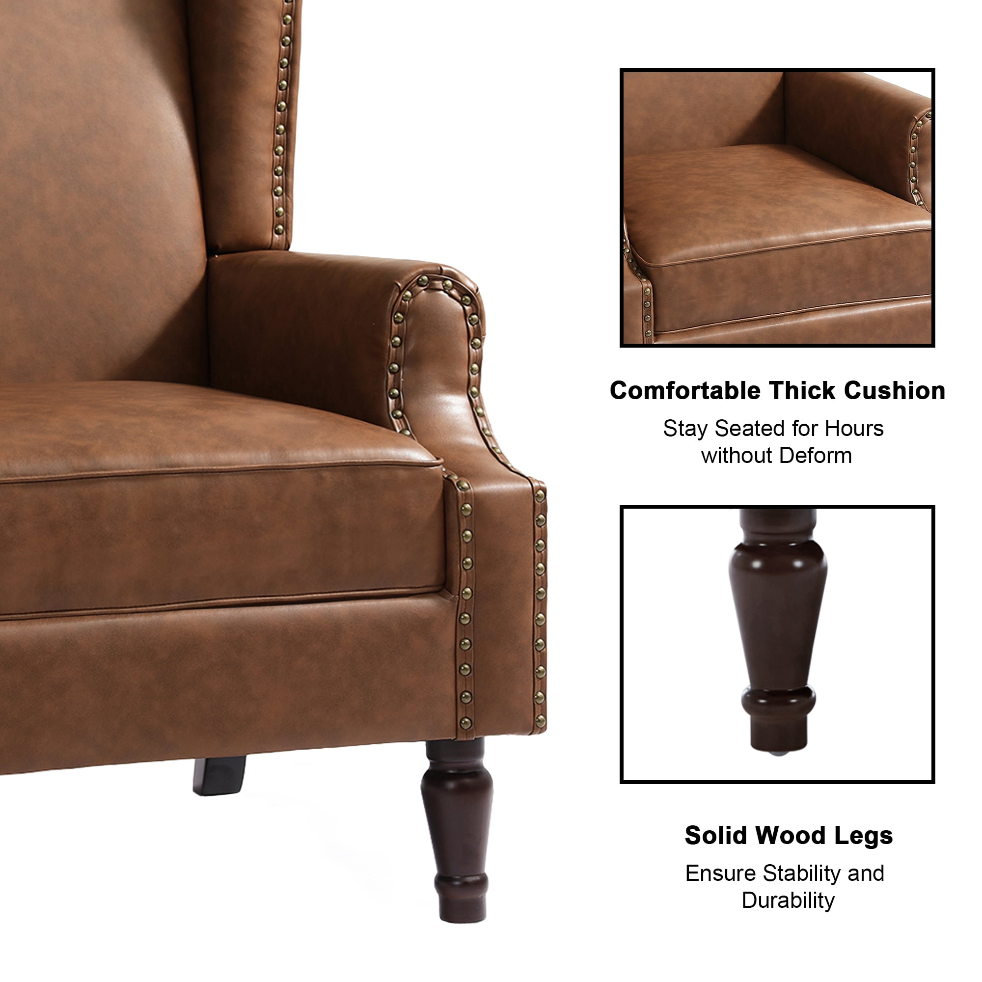 DREAMSIDEA Faux Leather Wingback Accent Chair with Nailhead Trim & Retro Wood Legs,High Back Wing Chair for Living Room-Brown