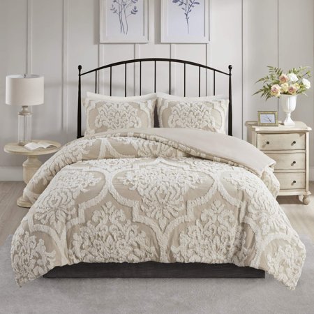 Gracie Mills Tufted Chenille 100% Cotton Duvet Modern Luxe All Season Comforter Cover Bed Set with Matching Shams, King/Cal King(104"x92"), Viola, Damask Taupe 3 Piece - MP12-7105