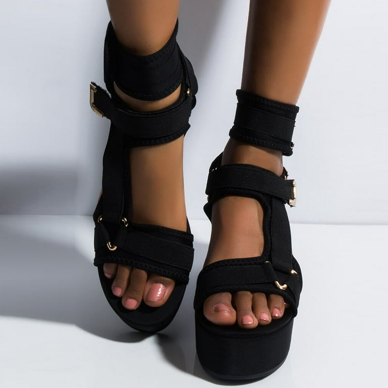 Women's Athletic Velcro Black Flat Sandals, CN39 Black PU Leather