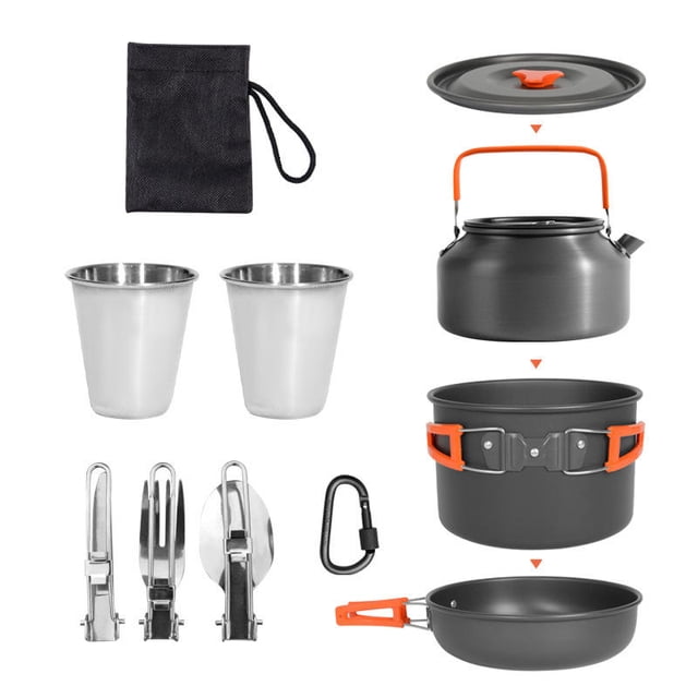 10Pcs Camping Cookware Mess Kit, Lightweight Camping Kitchen Pots and Pans Set, Portable Camping Essentials for Backpacking, Camping Cooking Hiking and Picnic