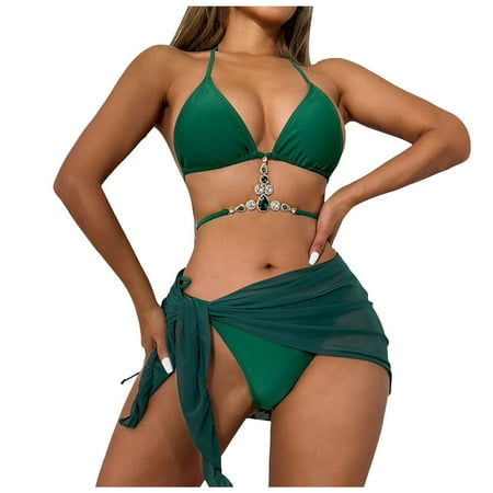 Bikini Set Swimwear Women s 3Pcs/Set Shiny Rhinestone Decor Solid Color Lace Up Bikini Cover Up Set Bra Low Rise Briefs Sunscreen Skirt Set Beachwear Sexy One Piece Swimsuit for Women(Size:L)