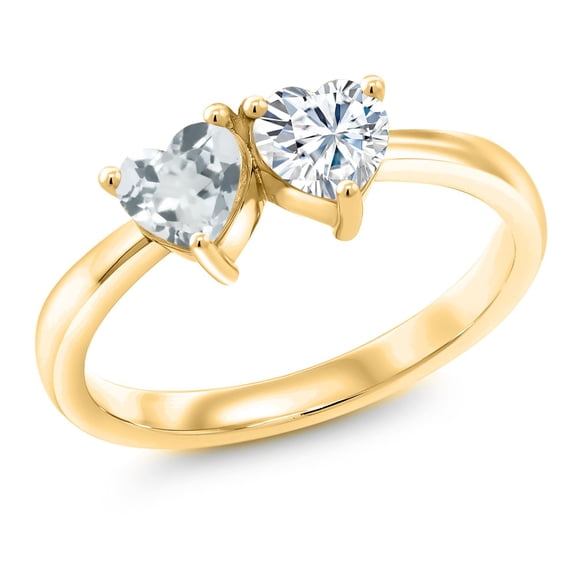 Gem Stone King 18K Yellow Gold Plated Silver Ring Heart Shape Sky Blue Aquamarine and Moissanite (0.84 Cttw, Size 5)