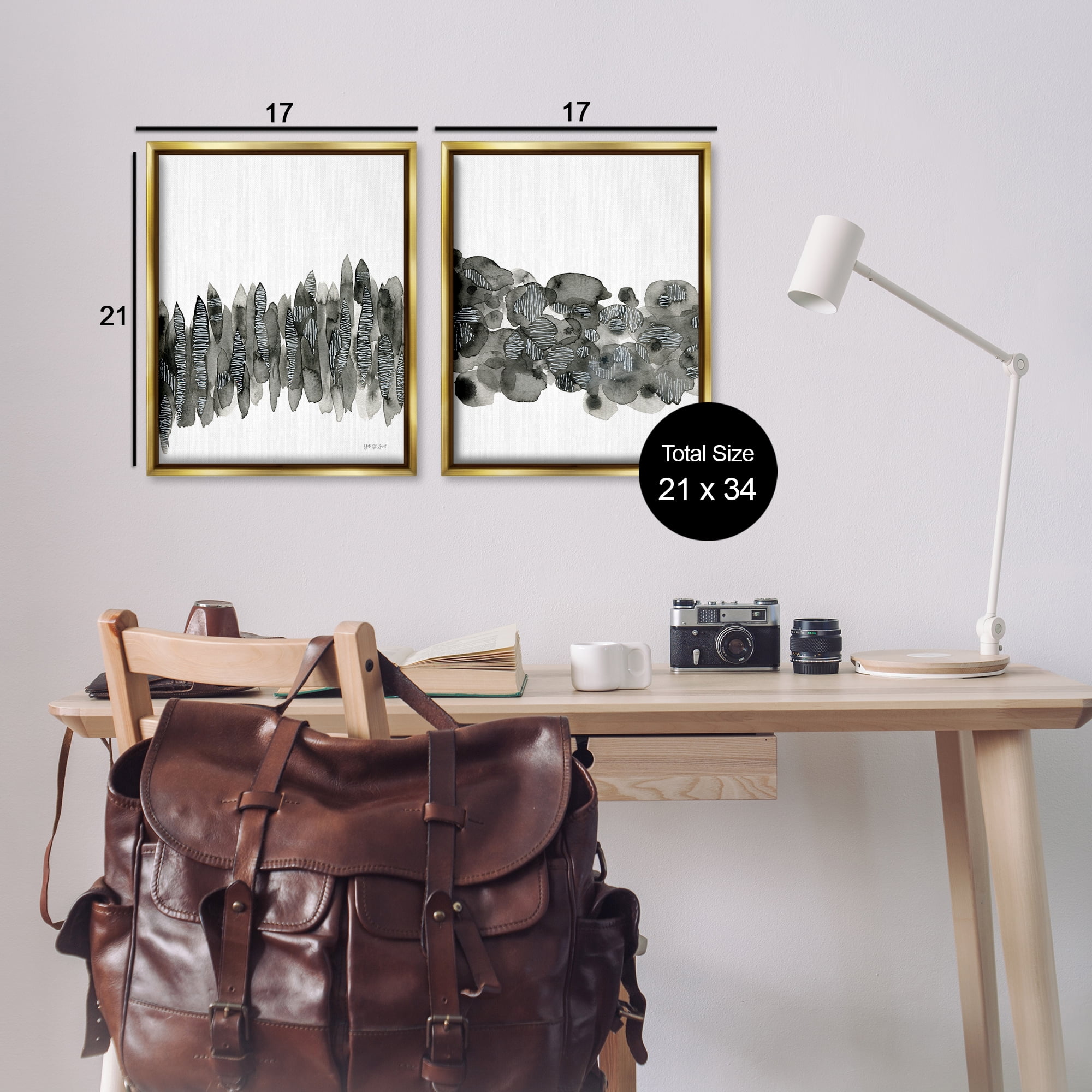 Stupell Industries Abstract Charcoal Kindling Abstract Painting Gold Floater Framed Canvas Art Print Wall Art, 17 x 21, Set of 2