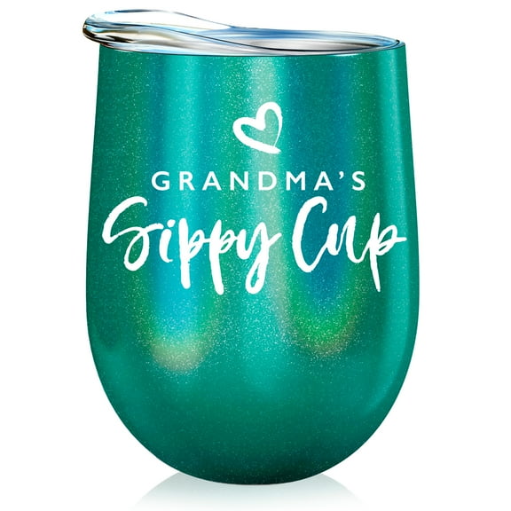 Grandma Gift Insulated Wine Tumbler - 12oz with Steel Straw, BPA Free Lid, & Straw Cleaning Brush - Stainless Steel Stemless Wine Tumbler - Grandma's Sippy Cup - Coffee, Tea, White Wine