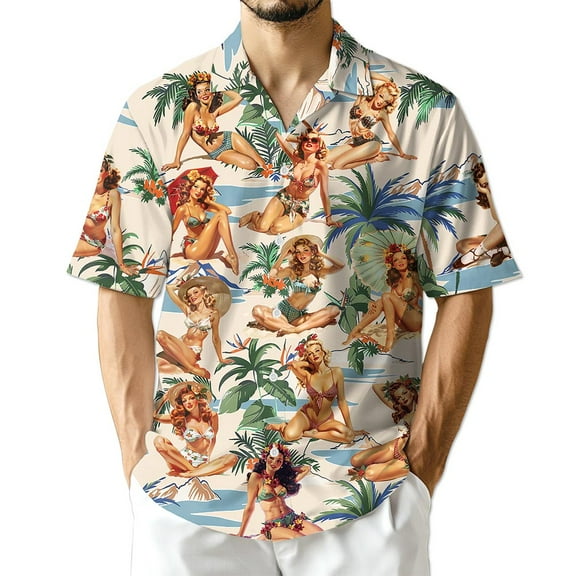 Netecom Tropical Pinup Girls Hawaiian Shirt for Men Women, Beautiful Sexy Girl Button Down Summer Aloha Beach Shirts, S-5XL
